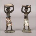 A pair of early 20th century miniature cold painted bronze figures. Each formed as a bare breasted