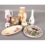 A collection of ceramics. Includes a Crown Ducal Charlotte Rhead vase (26.5cm), Radford pottery,