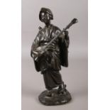 A Japanese bronze okimono formed as a Geisha girl playing a shamisen instrument, impressed seal mark