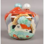 A Clarice Cliff Bizarre preserve pot and cover decorated in the Forest Glen design. Shape number
