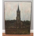 A large unframed oil on board, church scene with graveyard. Bears signature L S Lowry and dated