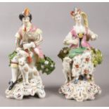 A pair of Derby porcelain figures, modelled as a couple playing instruments raised on scrolled bases