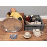 Two boxes of miscellaneous. Gourmet Pride part tea set, Silver plate serving trays, vintage doll etc