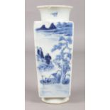 A small Chinese blue and white vase of tapering square form, decorated with a landscape scene.