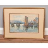 Eamon, framed watercolour of Whitby harbour. 23.5cm height 35cm width