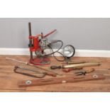 A quantity of assorted tools. To include vintage drill stand & drill, spirit level, hacksaw etc