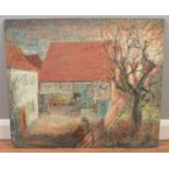 Manner of Maurice Utrillo, unframed oil on board, farmyard scene with workers. Signed. 55cm x 65cm.