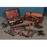 A collection of assorted hand tools. Stanley hand drill No. 803, Woden 186B vice, saws, spanners etc