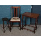 A mahogany barley twist side table with along with an oak chair and stool.