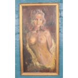 A framed oil on board of a nude woman. H:75cm W: 37cm.