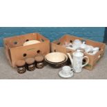 Two boxes of assorted Denby pottery. 'Harmony' 'Bakewell'. Storage jars, large mixing bowls, cups/