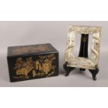 A chinoiserie lacquered box, together with a Japanese silver plated photo frame, decorated with