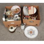 Two boxes of miscellaneous. To include a Whitefriars style vase, Denby Chatsworth ceramics, and a