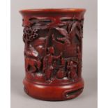 A Chinese composite brush pot. With landscape and figure decoration. Height 15.5cm.