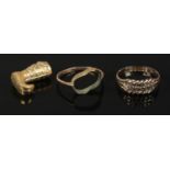 A small collection of 9ct Gold jewellery oddments. To include rope twist ring (Size Q½) and boot