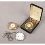 Three pocket watches. Includes silver example on white metal chain and two yellow metal demi