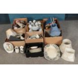 Seven boxes of miscellaneous. To include commemorative cups, boxed cutlery, part tea sets and