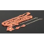 A long coral necklace and costume jewellery example with faux pearls. Longest: 39cm.