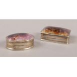 Two Blue John topped silver oval and rectangular pill boxes.