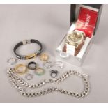 A collection of costume jewellery. Includes heavy white metal necklace with silver clasp, Vivani