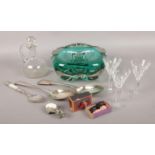 A collection of assorted items. To include green glass bowl, vintage miniature donkey cart pill