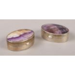 Two Blue John and silver oval pill boxes.