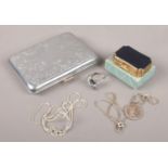 A quantity of collectables and jewellery. Includes white metal cigarette case, Stratton pill box,