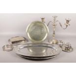 A collection of silver plated items. Includes candelabra, plate presented to Revered Tapper 1901