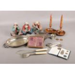 A tray of miscellaneous. Including composite clowns, silver plate & wooden candlesticks, etc.