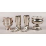 Four small silver plated items. Boot shaped measures, urn shaped toothpick holder and a small posy