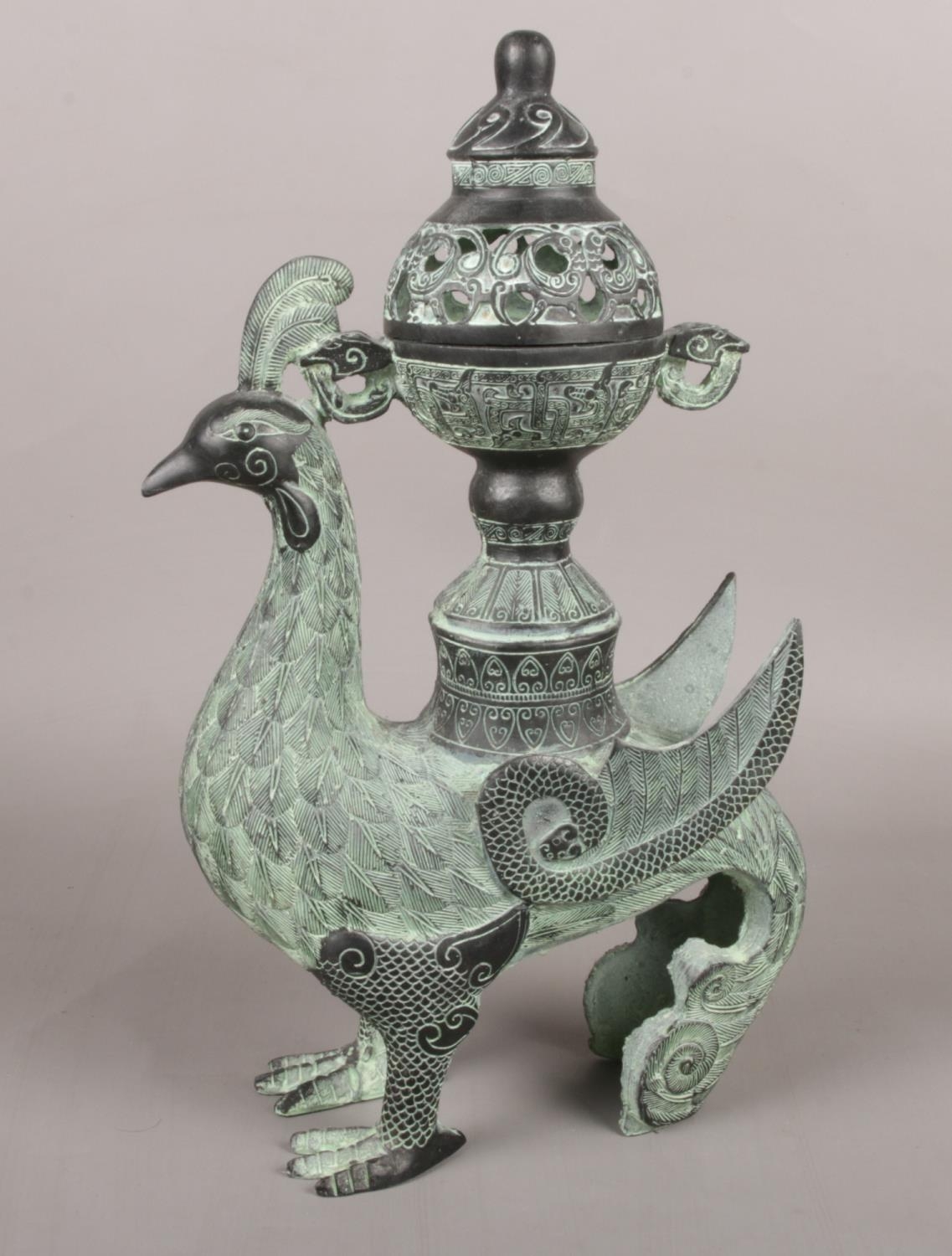 After Antiquity, bronzed incense burner modelled as a bird. (36cm height 22cm width)