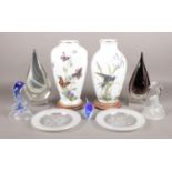 A collection of ceramics and glass. Includes two Franklin Porcelain vases, art glass sculptures etc.