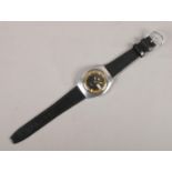 A Seiko 5 Gent's automatic wristwatch, with date and day markers, on black leather strap. Base of