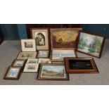 An assortment of fourteen various sized prints, oils and engravings. To include 'East view of