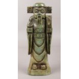 A green hardstone oriental figure. 21cm high. Small scuff to the nose, hairline crack to the left
