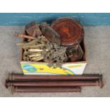 A large box of furniture accessories/restorers parts, containing decorative plaques, turned handles,
