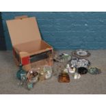 A box of miscellaneous. To include Coalport and Royal Doulton Posy bowls, glass shot glasses, and