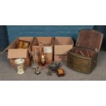 Three boxes of miscellaneous. Arthur Wood vase, cut crystal decanters, vintage hand tools etc.
