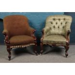 Two 19th Century fabric upholstered button back armchairs, with scrolled arms and cabriole legs.