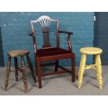 Two painted turned stools, alongside a mahogany hall chair with reeded splat.