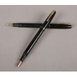 Two black Watermans fountain pens with 14ct gold nibs. Nibs stamped 2A & W-2B. Models 502 & W 2.