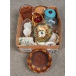 A box of miscellaneous. Includes enamel teapot, wooden bowl, Murano style duck, crested ware coal