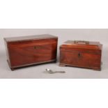 Two mahogany tea caddies (one locked). To also include white metal caddy spoon.