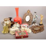 A box of miscellaneous. Royal Doulton 'Simone' figurine HN 2378, Lurpak butter dish & toast rack,