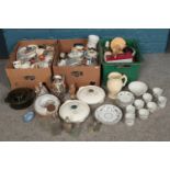 Three boxes of miscellaneous. Including vintage glass bottles, dinnerwares, glassware, ceramic