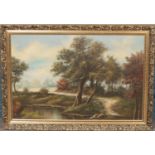 A large, gilt framed oil on canvas depicting a countryside river scene. Unsigned.