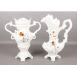 A pair of large Capodimonte ornaments, comprising of a jug and twin handled urn, both with floral