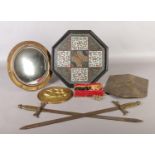A small assortment of collectables. To include convex mirror, octagonal tray and decorative swords