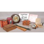 A quantity of miscellaneous. Smiths 8 day mantel clock, vintage tins, boxed letter balance etc