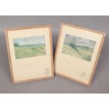 A pair of framed landscape prints. Signed but indistinguishable. H:11cm, W:17cm.